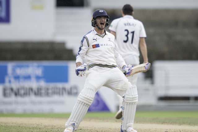 Yorkshire's Jack Brooks celebrates as the winning runs are hit to defeat Warwickshire in close-fought contest at Headingley. Picture by Allan McKenzie/SWpix.com
