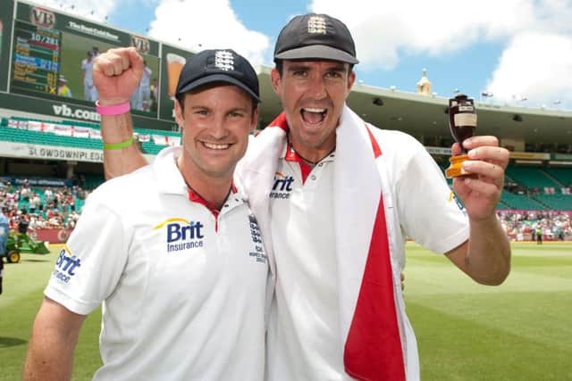 England captain Andrew Strauss and Kevin Pietersen celebrate winning the fifth Ashes Test in Sydney. Picture: Gareth Copley/PA