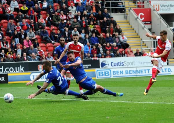 Game over: Rotherham's Jerry Yates makes it 5-1 against Oldham.
Picture: Jonathan Gawthorpe