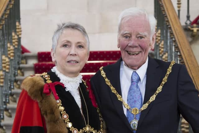 Mayor-making at Todmorden Town Hall. New Mayor of Todmorden Steph Booth with consort Tony Booth.