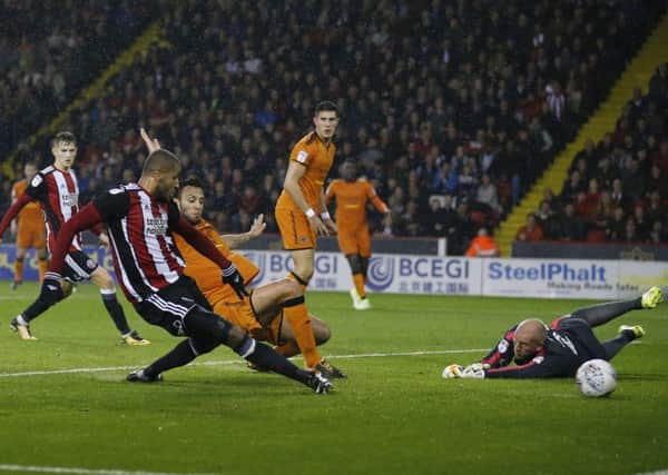 Leon Clarke scores Sheffield United's first goal against Wolves. Picture: Simon Bellis/Sportimage