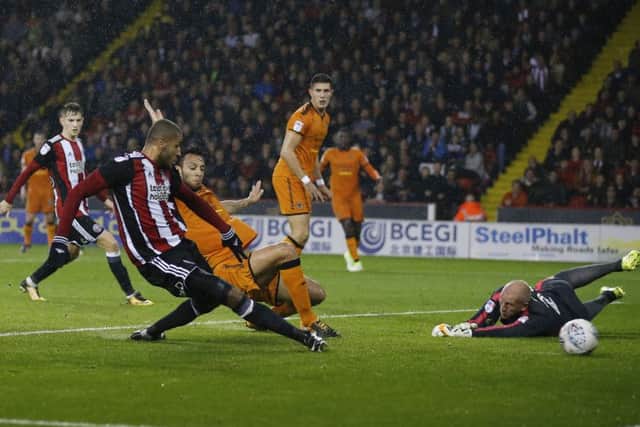 Sheffield United's Leon Clarke scores his side's first goals against Wolves. Picture: Simon Bellis/Sportimage