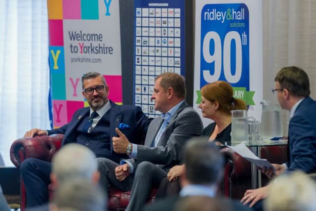 Date: 28th September 2017.
Picture James Hardisty.
Roundtable event featuring Sir Gary Verity,
Sean Jarvis of Huddersfield Town and Jacqui Gedman Kirklees Council CEO about how Huddersfield can benefit economically from Huddersfield Town's promotion to the Premier League held at The Revell Ward Suite, John Smith's Stadium Stadium Way, Huddersfield. Pictured Guest speakers Sean Jarvis of Huddersfield Town, Sir Gary Verity, Chief Executive of Welcome to Yorkshire, and Jacqui Gedman Kirklees Council CEO.