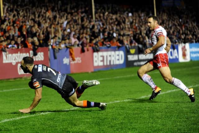 Castleford scrum-half Luke Gale scored a try, kicked five goals and landed the all-important golden-point drop goal to put Tigers in the Grand Final (Picture: Jonathan Gawthorpe).