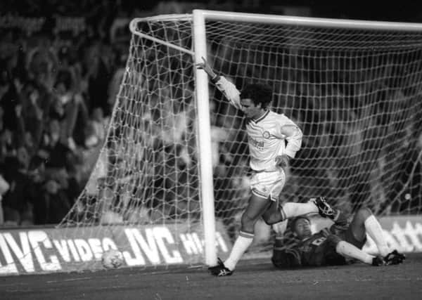 Gary Speed celebrates scoring the opening goal as Leeds United beat Stuttgart 4-1 on September 30, 1992 (Picture: Jim Moran).