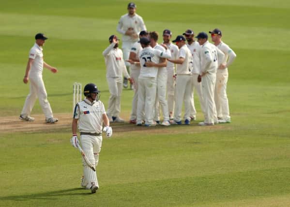 Yorkshire captain Gary Ballance walks off after being dismissed during Yorkshire's second innings at Essex, the team all out for 74 - their lowerst first-class total since 1999.. Picture: Steven Paston/PA