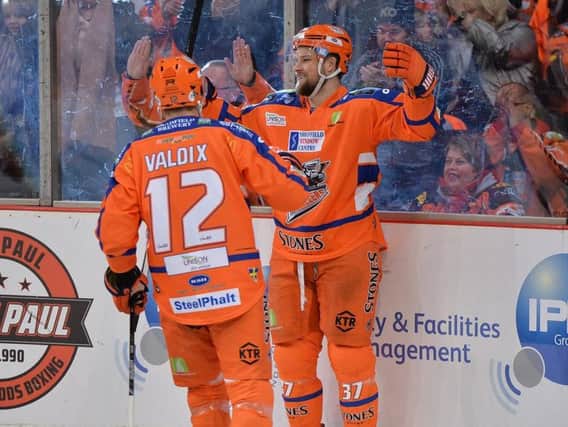 Matt Marquardt celebrates scoring against his former club Coventry Blaze. Picture: Dean Woolley.