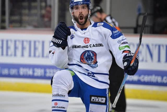 Luke Ferrara celebrates slotting home his penalty shot in the second period against former club Sheffield Steelers. Picture Dean Woolley