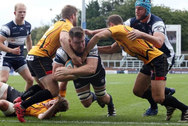 Ollie Stedman goes over for a try for Yorkshire Carnegie against Cornish Pirates at Headingley.