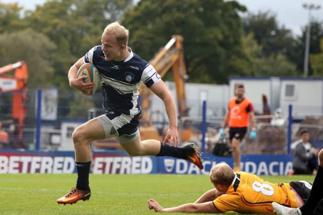 Will Homer charges through to score for Yorkshire Carnegie against Cornish Pirates at Headingley on Sunday. Picture: Andrew Varley.