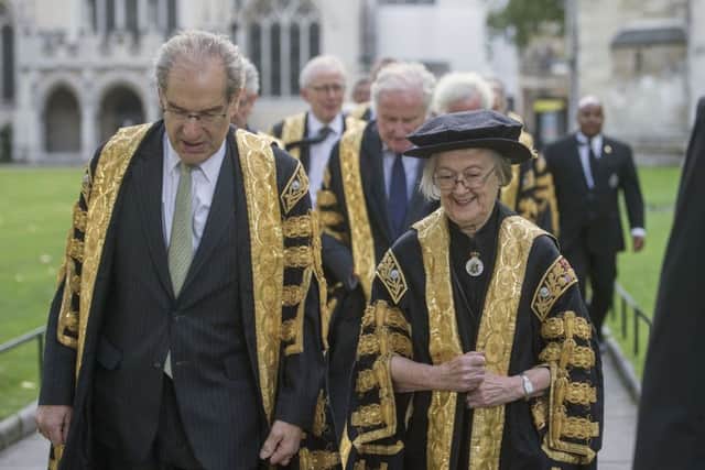 Lady Hale walks with other new justices to Westminster Abbey for the annual Judges Service after she was sworn in as the first female president of the UK's highest court, the Supreme Court, in Parliament Square, central London. PRESS ASSOCIATION Photo. Picture date: Monday October 2, 2017. See PA story LEGAL Judges. Photo credit should read: Victoria Jones/PA Wire