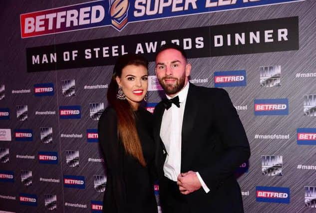 Man of Steel Luke Gale, of Castleford Tigers, at the Betfred Super League Man of Steel Awards Dinner with partner Kirby Timmins (Picture: Simon Wilkinson/SWpix.com).