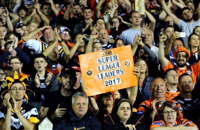 Betfred Super League Super 8's.
Castleford Tigers v Wakefield Trinity.
Castleford's fans celebrate the League Leaders Shield.
17th August 2017.
Picture Jonathan Gawthorpe
