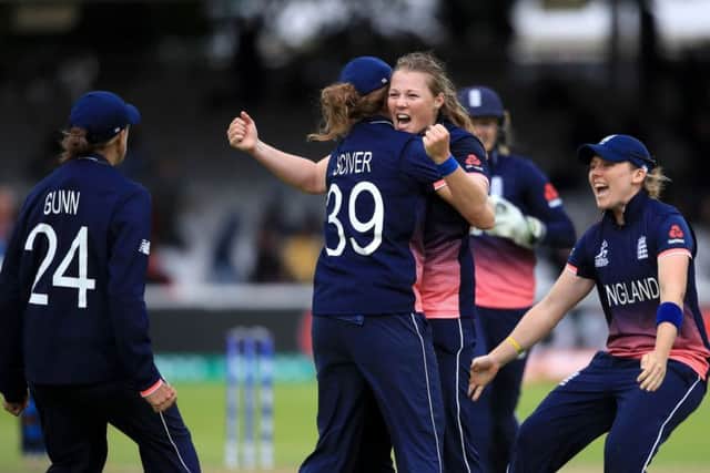England's Anya Shrubsole celebrates the wicket of India's Deepti Sharma during the ICC Women's World Cup Final at Lord's, London, as Jenny Gunn runs in to celebrate (Picture: John Walton/PA Wire)