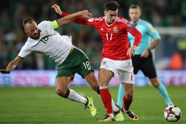 Republic of Ireland's David Meyler and Wales' Tom Lawrence battle for the ball. Picture: Nick Potts/PA.