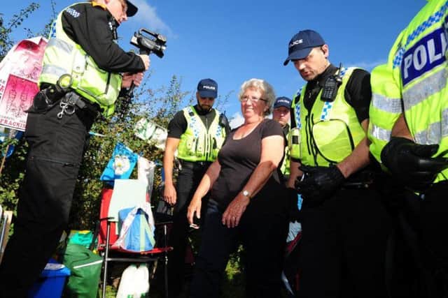 Jackie Brooks is moved by police in North Yorkshire.