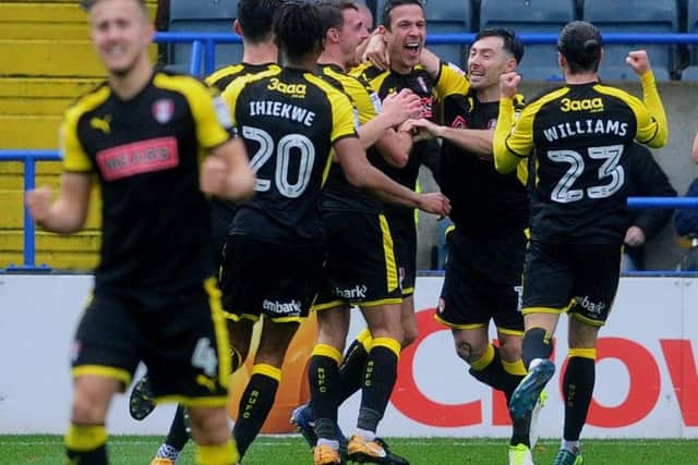 Richard Wood celebrates the winner at Rochdale on Saturday, Rotherham's first win on the road for 16 months