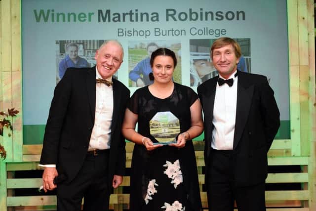 Student/Apprentice of the Year Award winner Martina Robinson alongside host Harry Gration and the Yorkshire Agricultural Society's show director Charles Mills.
