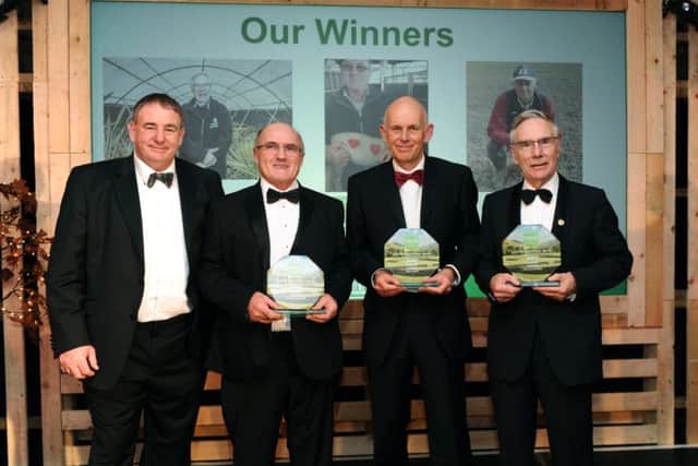The winners of our Lifetime Achievement Awards, from left, Roger Nicholson, Dave Clark and John Richardson who were presented their trophies by sponsor Mark Tomlinson from Whole Crop Marketing.
