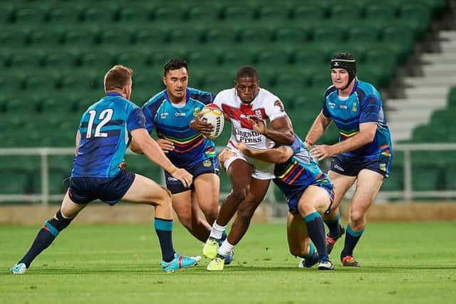 Jermaine McGillvary in action for England against the Combined Affiliated States Squad in Perth. PICTURE: Daniel Carson/SWpix.com/PhotosportNZ