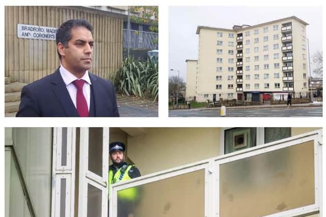 Defence solicitor Sajad Chaudhury (top left) outside Bradford Magistrates' Court and Newcastle House in Bradford, where an 18-month-old baby died following a fall from a sixth-floor window. PA