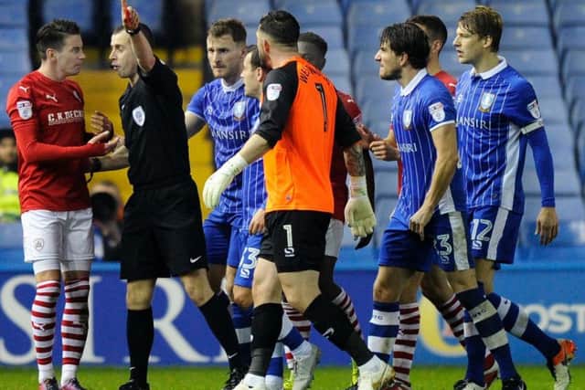 Barnsley's Adam Hammill is sent off in the South Yorkshire derby game against Sheffield Wednesday at Hillsborough last year