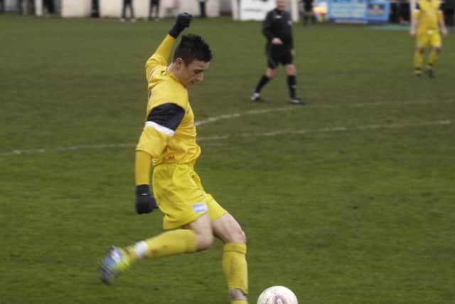 Jamie Hopcutt, pictured playing for Tadcaster Albion  one of the many non-league teams he has plied his trade for  is now playing in the Europa League with Swedish side Ostersunds