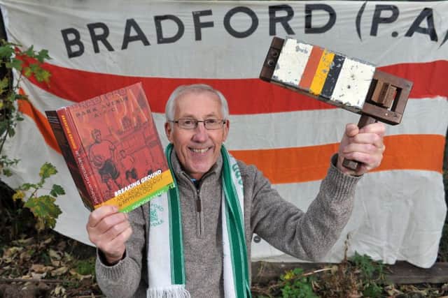 3 November 2017......    Lifelong Bradford Park Avenue fan and book crowdfunder Peter Barker at the former ground on Caterbury Avenue in the city.
 Bradford Park Avenue fans have  crowdfunded a book on their beloved club which has made it on to the shortlist for the William Hill Sports Book of the Year.
Breaking Ground: Art, Archaeology & Mythology tells the story of how fans of the once top flight club backed an archaeological dig at the derelict Park Avenue stadium and paid for the story of what it unearthed to be told.  Picture Tony Johnson.