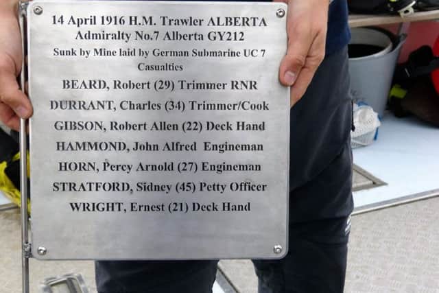 The memorial plaque placed on the wreck of the Alberta with names of men who died