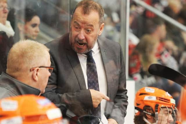 Sheffield Steelers head coach Paul Thompson talks to assistant Jerry Andersson.
 Picture: Helen Brabon