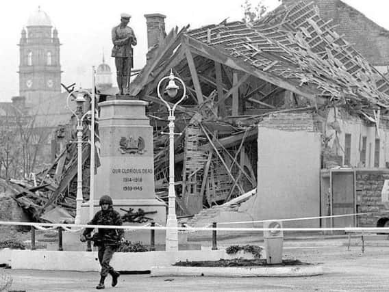 File picture of the scene in Co Fermanagh town where an IRA bomb exploded without warning ahead of a Remembrance Sunday memorial ceremony. Picture: Chris Bacon/PA Wire