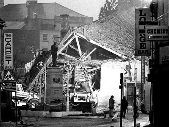 File photo of the scene in Co Fermanagh town where an IRA bomb exploded without warning ahead of a Remembrance Sunday memorial ceremony. Picture: PA Wire