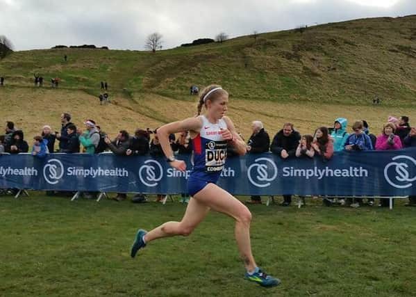 Claire Duck competing at the Great Edinburgh Cross-Country.