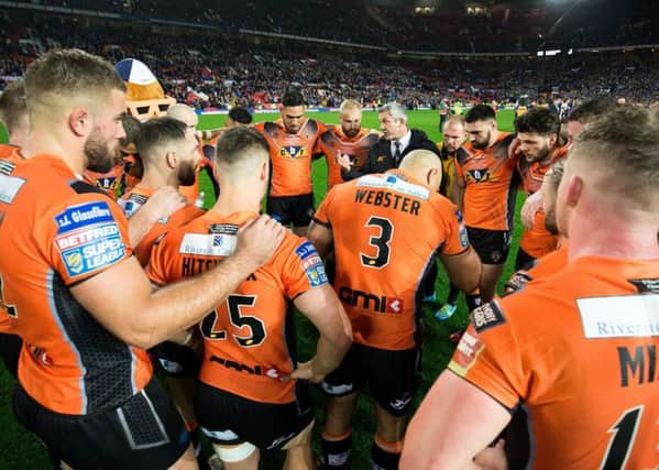 Castleford's head coach Daryl Powell speaks to his side after the Grand Final loss (Picture: SWPix.com)
