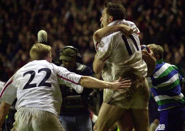Stolen moment: Englands Dan Luger (centre) celebrates his match-winning try against Australia at Twickenham in 2000. (Picture: PA)