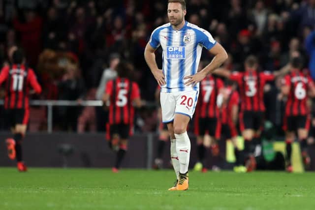 Laurent Depoitre shows his disappointment after the 4-0 defeat at Bournemouth on Saturday afternoon.