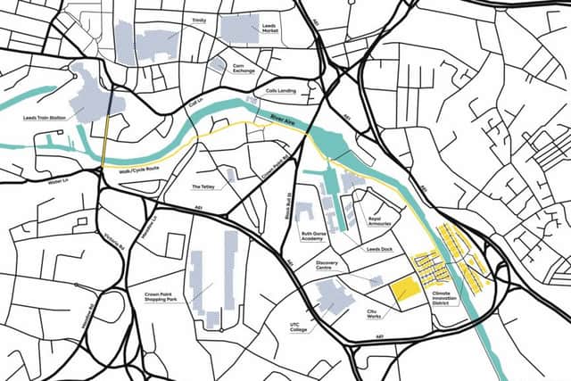 A map showing the location of the Climate Innovation District and its proximity to Leeds city centre.