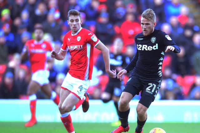 Samuel Saiz tries to engineer a move for Leeds against Barnsley at Oakwell. Picture: James Hardistsy.