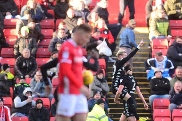 SIGNED AND SEALED: Leeds United's Gianni Alioski celebrates scoring his side's second goal against Barnsley at Oakwell. Picture: James Hardisty.