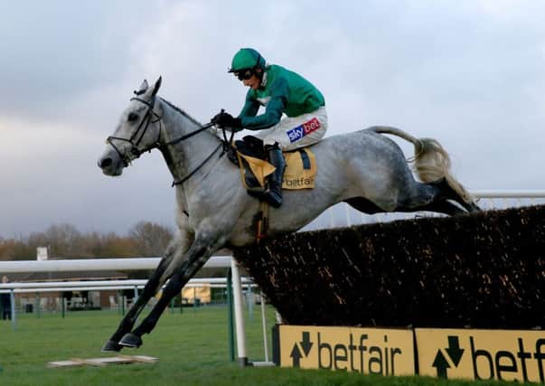 Bristol De Mai ridden by Daryl Jacob clears the last fence to win the Betfair Steeple Chase at Haydock.