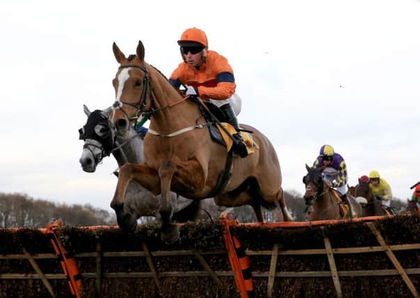 Sam Spinner, ridden by Joe Colliver, clears the last hurdle on its way to winning the Betfair Stayers Handicap Hurdle at Haydock on Saturday (Picture: Clint Hughes/PA Wire).
