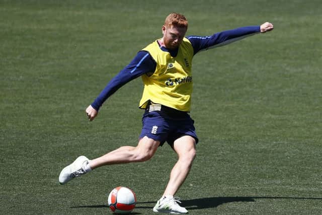 England's Jonny Bairstow  plays football during a nets session at the Adelaide Oval ahead of Saturday's second Test match against Australia. Picture: Jason O'Brien/PA