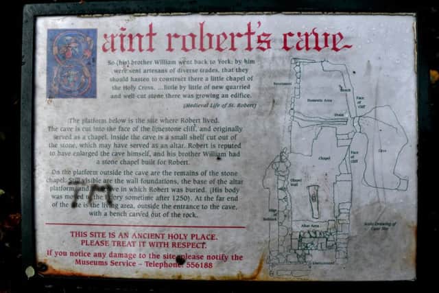 One of the  information boards  at  St Robert's Cave  in  Knaresborough
