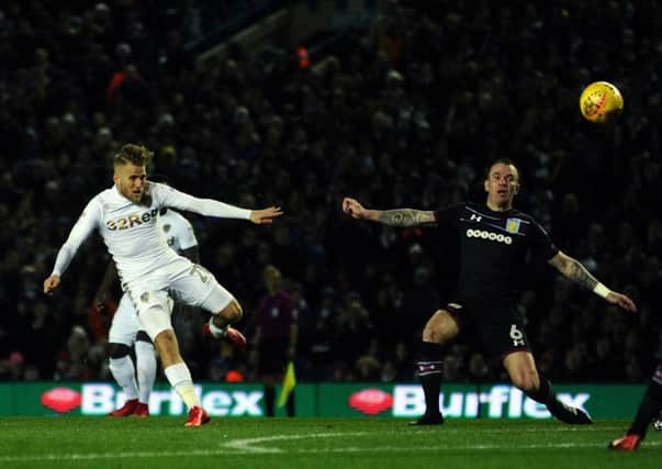 SO CLOSE: Leeds United's Samuel Saiz shoots past Aston Villa's Glenn Whelan. Picture: Jonathan Gawthorpe.