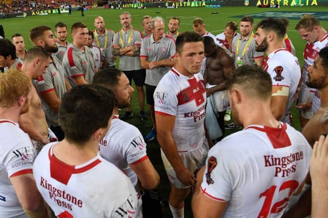 Handout photo provided by NRL Imagery of England's Sam Burgess speaks to his team after losing 6-0 to Australia in the Rugby League World Cup Final at Brisbane's Suncorp Stadium. Picture: Grant Trouvilles/NRL Imagery/PA