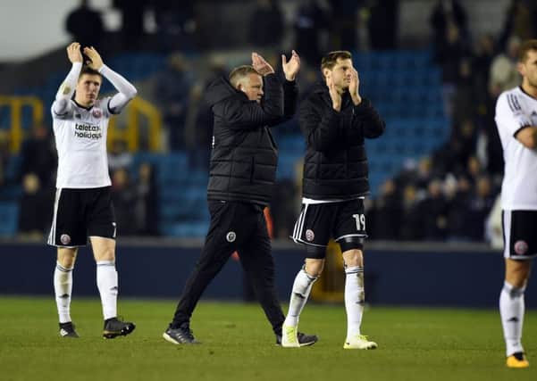 Sheffield United Manager Chris Wilder thanks the fans at the end of the game. Picture: Robin Parker/Sportimage