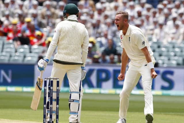 GOT HIM: England's Stuart Broad celebrates the wicket of Peter Handscomb during day two at the Adelaide Oval. Picture: Jason O'Brien/PA