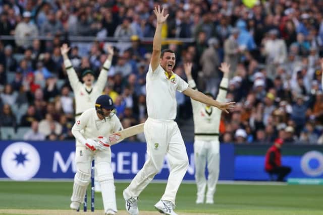 Australia's Josh Hazelwood appeals unsuccessfully for the wicket of Mark Stoneman towards the end of day two at the Adelaide Oval. The Durham opener was dismissed before the end of play. Picture: Jason O'Brien/PA