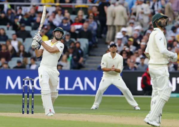 TAKE THAT: Australia's Shaun Marsh hits a six during day two of the Ashes Test match at the Adelaide Oval. Picture: Jason O'Brien/PA