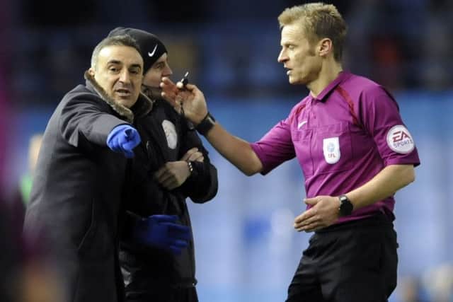 Referee David Jones banishes Sheffield Wednesday's head coach Carlos Carvalhal (Picture: Steve Ellis).